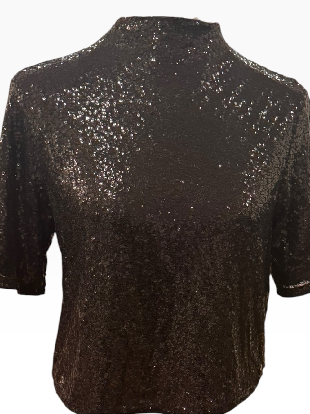 H&M Black Sequin Short Sleeve Mock Neck Top